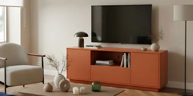 Komplettes Wohnzimmer mit Sessel, Couchtisch, Teppich und TV-Möbel